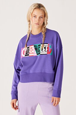 Relaxed Fit Geniş Kesim İçi Polarlı Bisiklet Yaka Mor Sweatshirt - Purple-W232310499