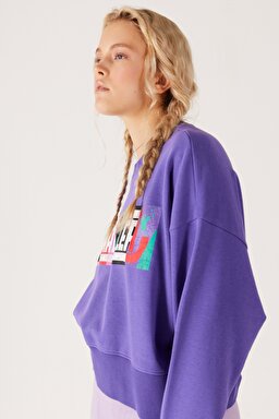Relaxed Fit Geniş Kesim İçi Polarlı Bisiklet Yaka Mor Sweatshirt - Purple-W232310499 (görsel 4)