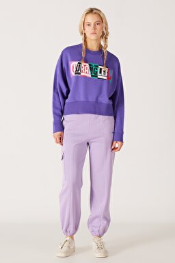 Relaxed Fit Geniş Kesim İçi Polarlı Bisiklet Yaka Mor Sweatshirt - Purple-W232310499 (görsel 5)