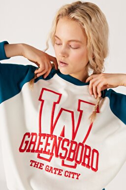Oversize Fit Geniş Kesim Bisiklet Yaka İçi Polarlı Mavi Beyaz Sweatshirt - Off White-W232330102 (görsel 4)