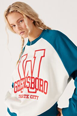 Oversize Fit Geniş Kesim Bisiklet Yaka İçi Polarlı Mavi Beyaz Sweatshirt - Off White-W232330102 (görsel 5)