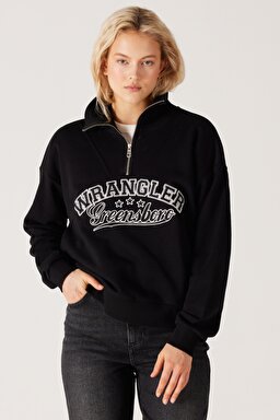 Relaxed Fit Geniş Kesim Dik Yaka Yarım Fermuarlı İçi Polarlı Siyah Sweatshirt - Black-W232331001