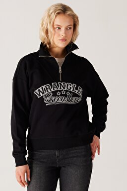 Relaxed Fit Geniş Kesim Dik Yaka Yarım Fermuarlı İçi Polarlı Siyah Sweatshirt - Black-W232331001 (görsel 2)