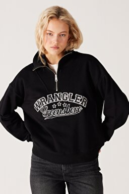 Relaxed Fit Geniş Kesim Dik Yaka Yarım Fermuarlı İçi Polarlı Siyah Sweatshirt - Black-W232331001 (görsel 3)