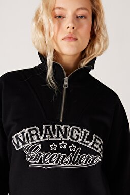 Relaxed Fit Geniş Kesim Dik Yaka Yarım Fermuarlı İçi Polarlı Siyah Sweatshirt - Black-W232331001 (görsel 4)