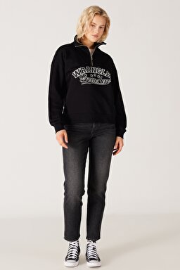 Relaxed Fit Geniş Kesim Dik Yaka Yarım Fermuarlı İçi Polarlı Siyah Sweatshirt - Black-W232331001 (görsel 5)
