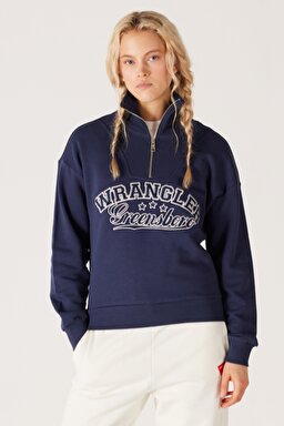 Relaxed Fit Geniş Kesim Dik Yaka Yarım Fermuarlı İçi Polarlı İndigo Sweatshirt - Indigo-W232331315