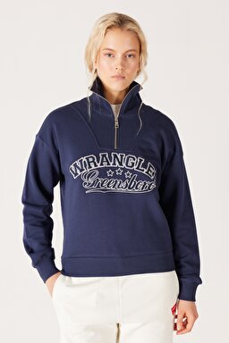 Relaxed Fit Geniş Kesim Dik Yaka Yarım Fermuarlı İçi Polarlı İndigo Sweatshirt - Indigo-W232331315 (görsel 2)