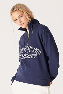 Relaxed Fit Geniş Kesim Dik Yaka Yarım Fermuarlı İçi Polarlı İndigo Sweatshirt - Indigo-W232331315 (görsel 3)