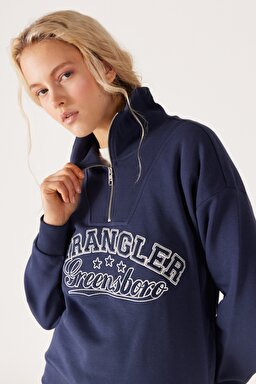 Relaxed Fit Geniş Kesim Dik Yaka Yarım Fermuarlı İçi Polarlı İndigo Sweatshirt - Indigo-W232331315 (görsel 4)