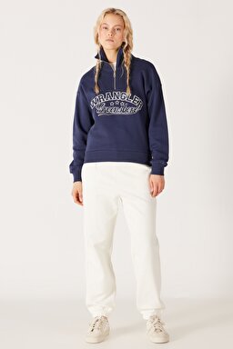 Relaxed Fit Geniş Kesim Dik Yaka Yarım Fermuarlı İçi Polarlı İndigo Sweatshirt - Indigo-W232331315 (görsel 5)