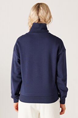Relaxed Fit Geniş Kesim Dik Yaka Yarım Fermuarlı İçi Polarlı İndigo Sweatshirt - Indigo-W232331315 (görsel 6)