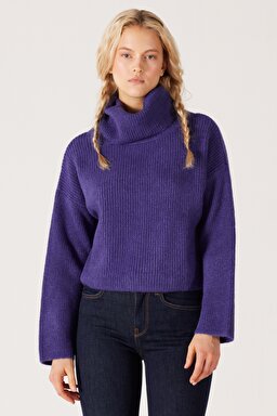 Regular Fit Normal Kesim Balıkçı Yaka Mor Triko Kazak - Purple-W232354499