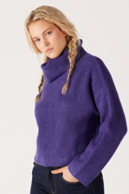 Regular Fit Normal Kesim Balıkçı Yaka Mor Triko Kazak - Purple-W232354499 (görsel 3)