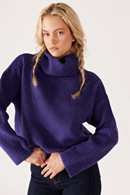 Regular Fit Normal Kesim Balıkçı Yaka Mor Triko Kazak - Purple-W232354499 (görsel 4)