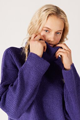 Regular Fit Normal Kesim Balıkçı Yaka Mor Triko Kazak - Purple-W232354499 (görsel 5)