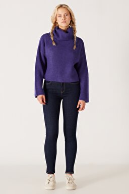 Regular Fit Normal Kesim Balıkçı Yaka Mor Triko Kazak - Purple-W232354499 (görsel 6)
