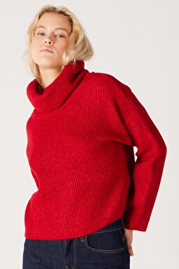 Regular Fit Normal Kesim Balıkçı Yaka Kırmızı Triko Kazak - Red-W232354600 (görsel 4)