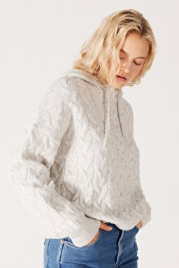 Regular Fit Normal Kesim Kapüşonlu Ekru Triko Kazak - Ecru-W232365104 (görsel 3)