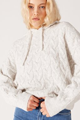 Regular Fit Normal Kesim Kapüşonlu Ekru Triko Kazak - Ecru-W232365104 (görsel 4)