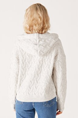 Regular Fit Normal Kesim Kapüşonlu Ekru Triko Kazak - Ecru-W232365104 (görsel 7)