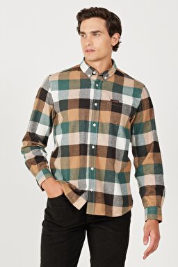 Regular Fit Normal Kesim Şardonlu Ekoseli Yeşil Uzun Kollu Gömlek - Multi-W232376900
