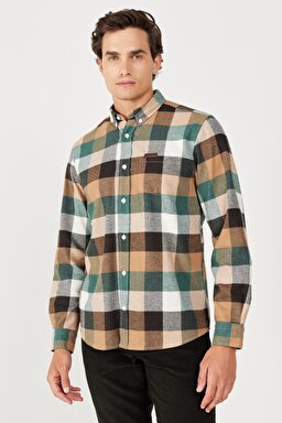 Regular Fit Normal Kesim Şardonlu Ekoseli Yeşil Uzun Kollu Gömlek - Multi-W232376900 (görsel 3)