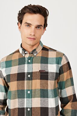 Regular Fit Normal Kesim Şardonlu Ekoseli Yeşil Uzun Kollu Gömlek - Multi-W232376900 (görsel 4)