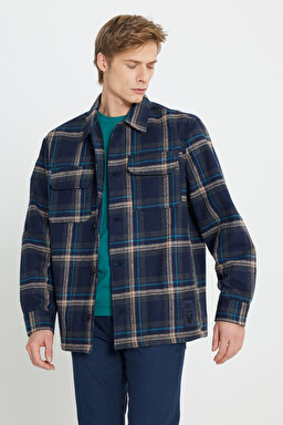 Loose Fit Rahat Kesim Lacivert Ekoseli Shacket Ceket - Navy-W232406410 (görsel 3)