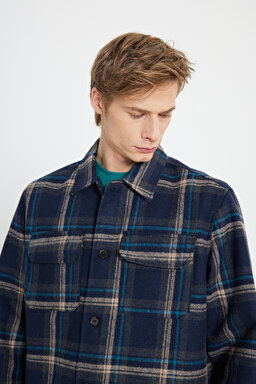 Loose Fit Rahat Kesim Lacivert Ekoseli Shacket Ceket - Navy-W232406410 (görsel 5)