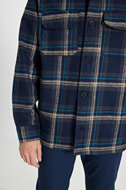 Loose Fit Rahat Kesim Lacivert Ekoseli Shacket Ceket - Navy-W232406410 (görsel 7)