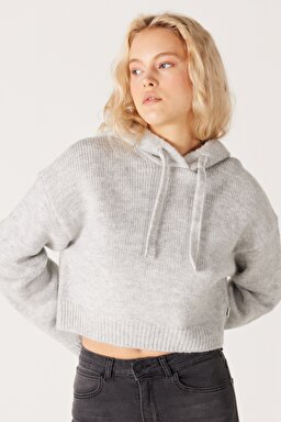 Regular Fit Normal Kesim Kapüşonlu Gri Triko Kazak - Gray-W232523035 (görsel 2)