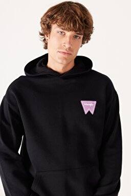 Loose Fit Rahat Kesim Kapüşonlu İçi Polarlı Sırt Baskılı Siyah Sweatshirt - Black-W232574001
