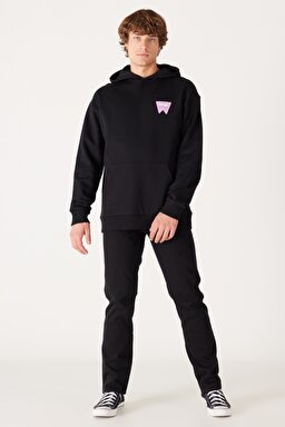 Loose Fit Rahat Kesim Kapüşonlu İçi Polarlı Sırt Baskılı Siyah Sweatshirt - Black-W232574001 (görsel 2)