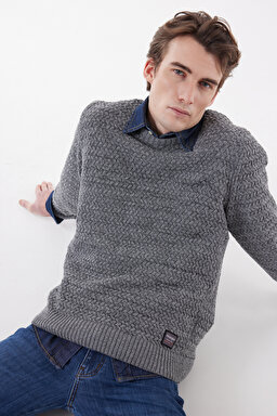 Regular Fit Normal Kesim Bisiklet Yaka Gri Melanj Triko Kazak - Gray Melange-W232580036