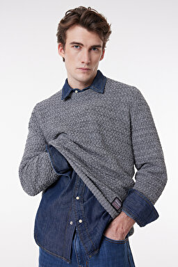 Regular Fit Normal Kesim Bisiklet Yaka Gri Melanj Triko Kazak - Gray Melange-W232580036 (görsel 2)