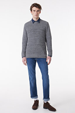 Regular Fit Normal Kesim Bisiklet Yaka Gri Melanj Triko Kazak - Gray Melange-W232580036 (görsel 3)
