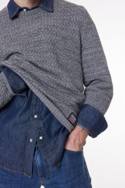 Regular Fit Normal Kesim Bisiklet Yaka Gri Melanj Triko Kazak - Gray Melange-W232580036 (görsel 6)