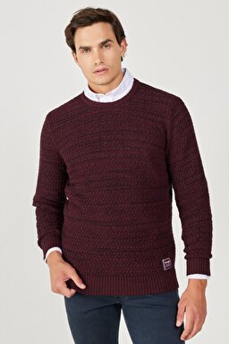Regular Fit Normal Kesim Bisiklet Yaka Bordo Triko Kazak - Wine-W232580810 (görsel 2)