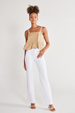 Flare Fit Yüksek Bel İspanyol Paça Kırık Beyaz Esnek Pantolon - Off White-W233001102 (görsel 2)