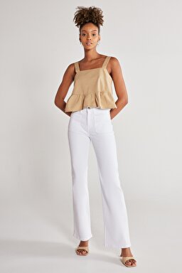 Flare Fit Yüksek Bel İspanyol Paça Kırık Beyaz Esnek Pantolon - Off White-W233001102 (görsel 3)