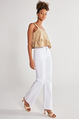 Flare Fit Yüksek Bel İspanyol Paça Kırık Beyaz Esnek Pantolon - Off White-W233001102 (görsel 4)