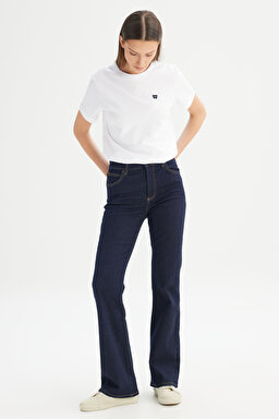 Flare Fit Normal Bel Geniş Paça Lacivert Esnek Jean Denim Pantolon - Rinse-W23300636 (görsel 3)