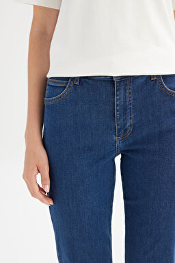 Flare Fit Geniş Paça Yüksek Bel Mavi Pamuklu Esnek Denim Jean Pantolon - Mid Blue-W233006XT (görsel 4)