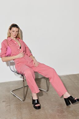 Kick Flare Regular Fit Normal Kesim Gömlek Yaka Geniş Paça Pembe Tulum - Desert Rose-W237XMP63 (görsel 3)