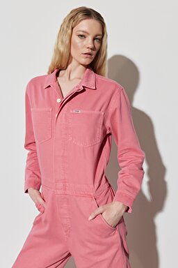 Kick Flare Regular Fit Normal Kesim Gömlek Yaka Geniş Paça Pembe Tulum - Desert Rose-W237XMP63 (görsel 5)