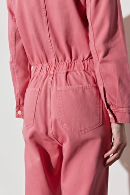 Kick Flare Regular Fit Normal Kesim Gömlek Yaka Geniş Paça Pembe Tulum - Desert Rose-W237XMP63 (görsel 7)