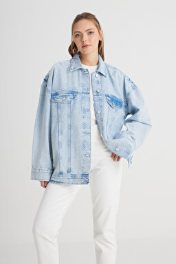 Relaxed Fit Geniş Kesim %100 Pamuk Açık Mavi Jean Kot Ceket - Bleach-W241107851