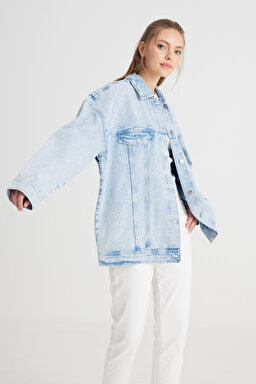 Relaxed Fit Geniş Kesim %100 Pamuk Açık Mavi Jean Kot Ceket - Bleach-W241107851 (görsel 2)