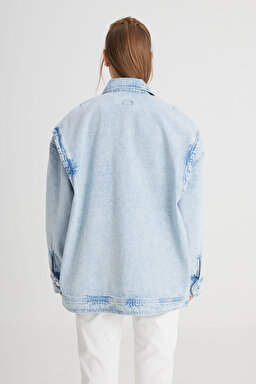 Relaxed Fit Geniş Kesim %100 Pamuk Açık Mavi Jean Kot Ceket - Bleach-W241107851 (görsel 6)